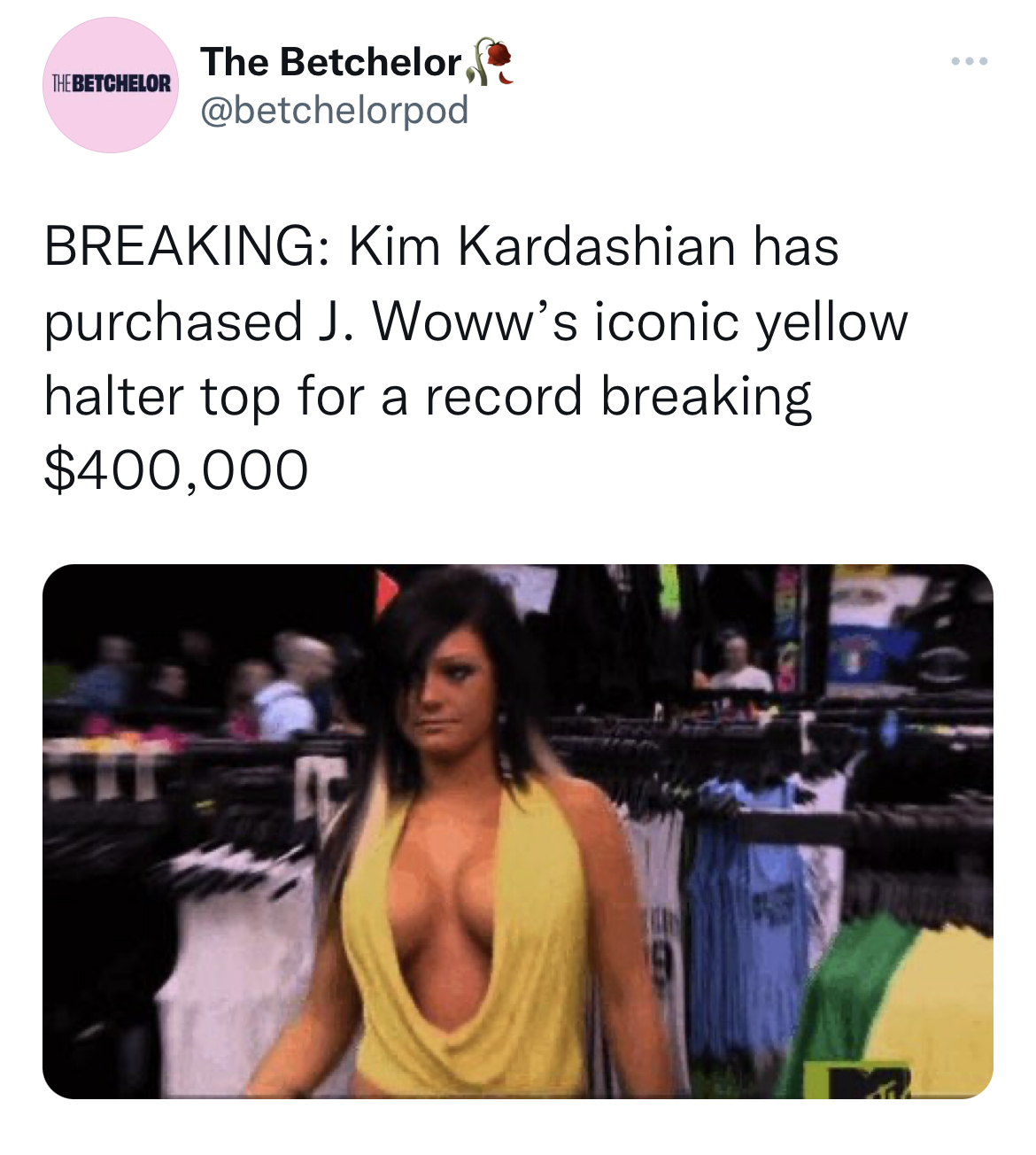Tweets Dunking on Celebs - shoulder - The Betchelor The Betchelor, Breaking Kim Kardashian has purchased J. Woww's iconic yellow halter top for a record breaking $400,000