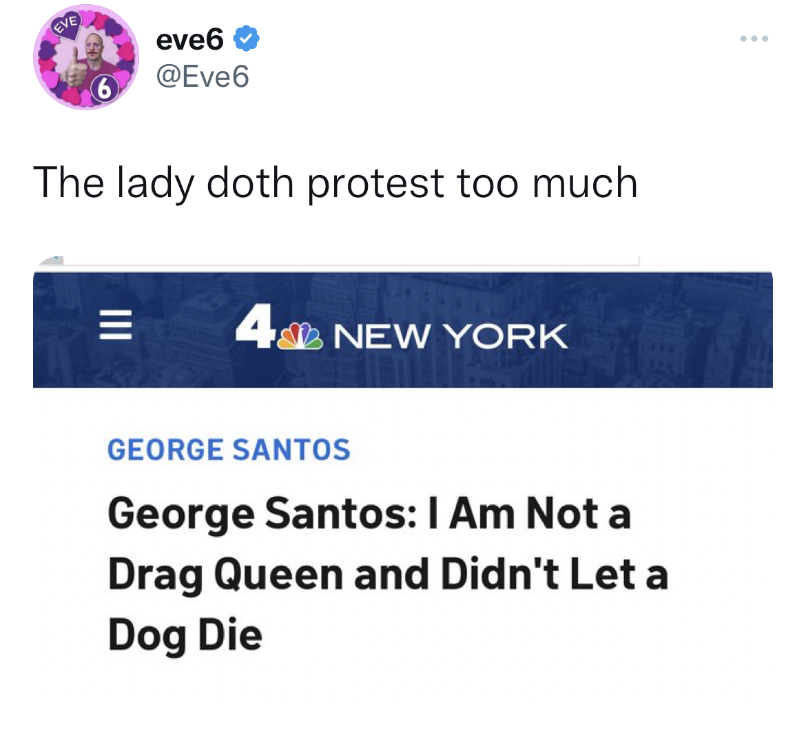 Tweets Dunking on Celebs - organization - Eve eve6 The lady doth protest too much 4 New York George Santos George Santos I Am Not a Drag Queen and Didn't Let a Dog Die