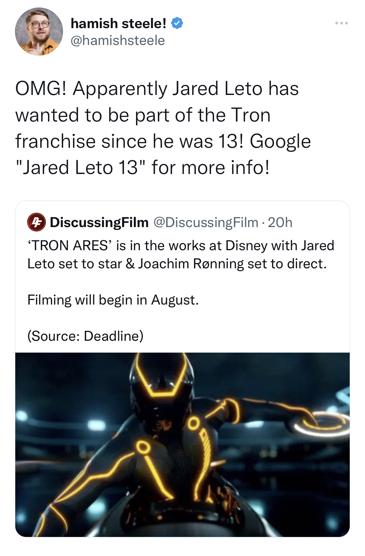 Tweets Dunking on Celebs - screenshot - hamish steele! Omg! Apparently Jared Leto has wanted to be part of the Tron franchise since he was 13! Google "Jared Leto 13" for more info! DiscussingFilm Film 20h Tron Ares' is in the works at Disney with Jared Le