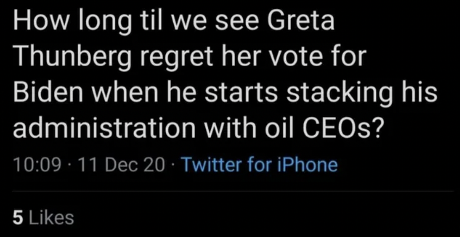 we see Greta Thunberg regret her vote for Biden when he starts stacking his administration with o