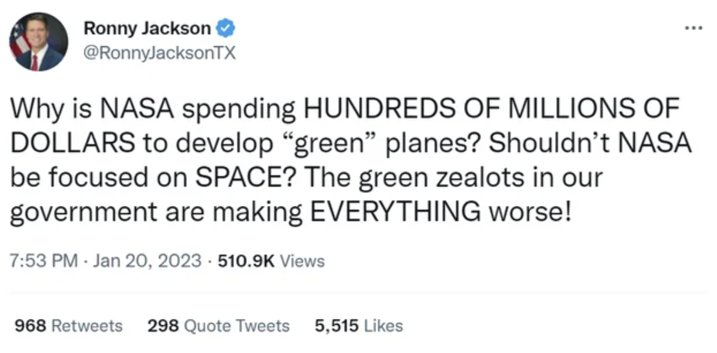 Why is Nasa spending Hundreds Of Millions Of Dollars to develop "green" planes? Shouldn't Nasa be focused on Space? The green zealots in our government are making Everything worse! Views 968 298 Quote Tweets 5,515