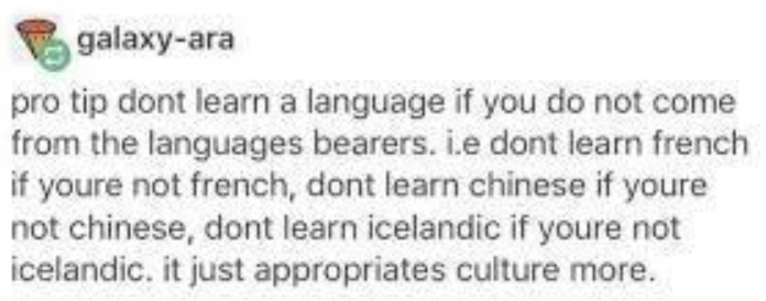Learning Chinese - galaxyara pro tip dont learn a language if you do not come from the languages bearers. i.e dont learn french if youre not french, dont learn chinese if youre not chinese, dont learn icelandic if youre not icelandic. it just appropriates