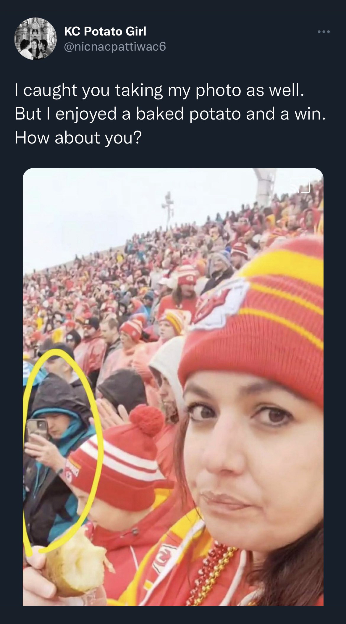 tweets dunking on celebs - poster - Kc Potato Girl I caught you taking my photo as well. But I enjoyed a baked potato and a win. How about you? wwwsssss