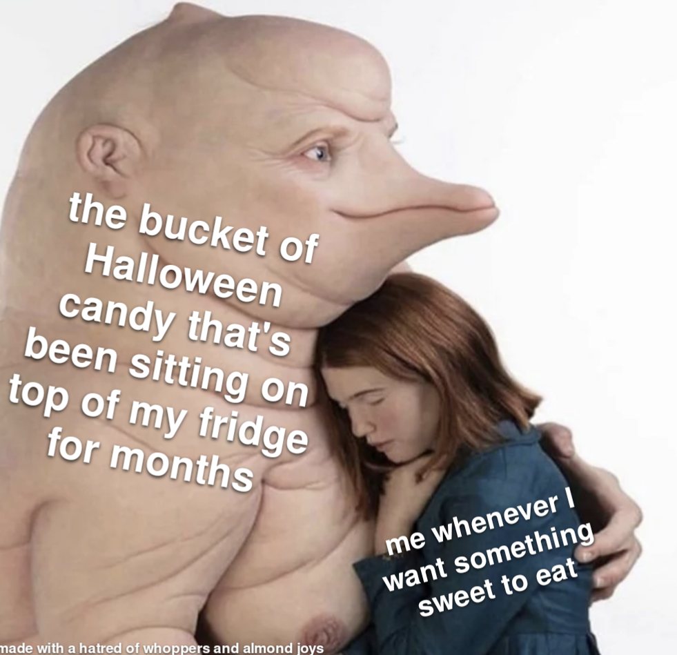 funny memes and pics - photo caption - the bucket of Halloween candy that's been sitting on top of my fridge for months made with a hatred of whoppers and almond joys me whenever I want something sweet to eat