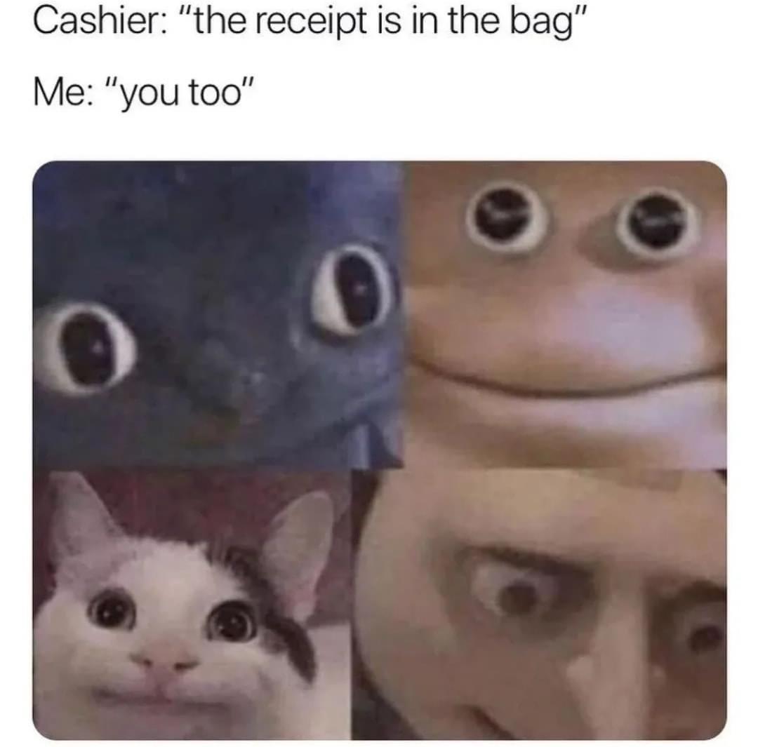 funny memes and pics - memes to send when it's awkward - Cashier "the receipt is in the bag" Me "you too"