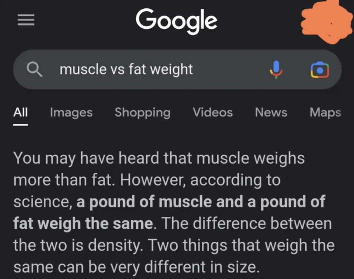 google new - Google muscle vs fat weight All Images Shopping Videos News Maps You may have heard that muscle weighs more than fat. However, according to science, a pound of muscle and a pound of fat weigh the same. The difference between the two is densit