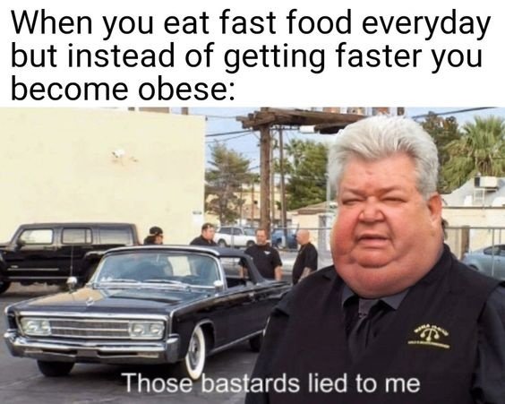 you copy from stackoverflow - When you eat fast food everyday but instead of getting faster you become obese Those bastards lied to me