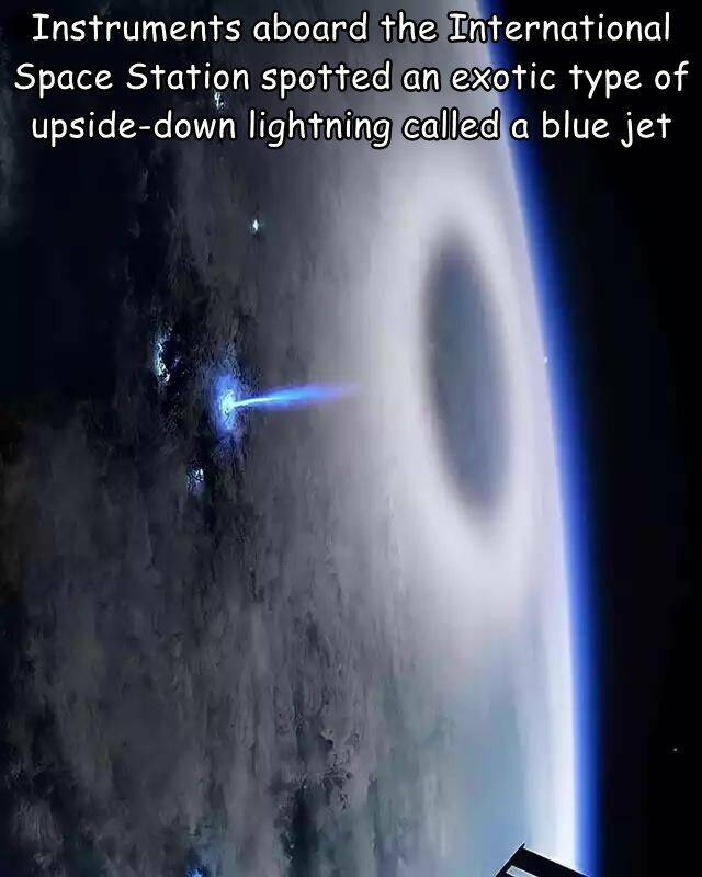 cool random pics - blue jet stratosphere - Instruments aboard the International Space Station spotted an exotic type of upsidedown lightning called a blue jet