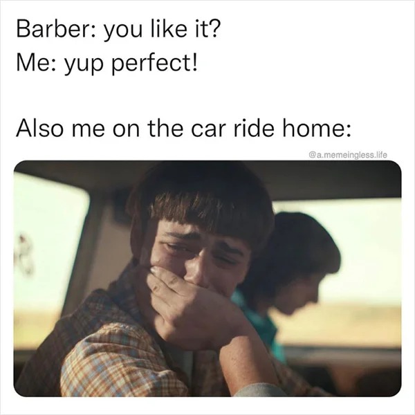 relatable memes - will byers crying in van - Barber you it? Me yup perfect! Also me on the car ride home .memeingless.life