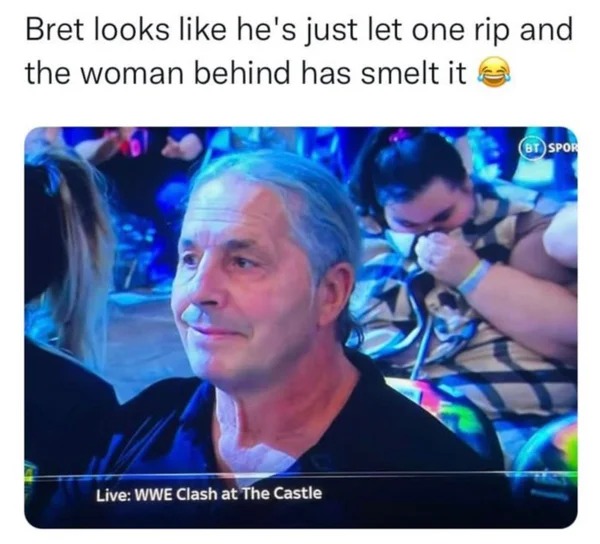 relatable memes - video - Bret looks he's just let one rip and the woman behind has smelt it Live Wwe Clash at The Castle Bt Spor