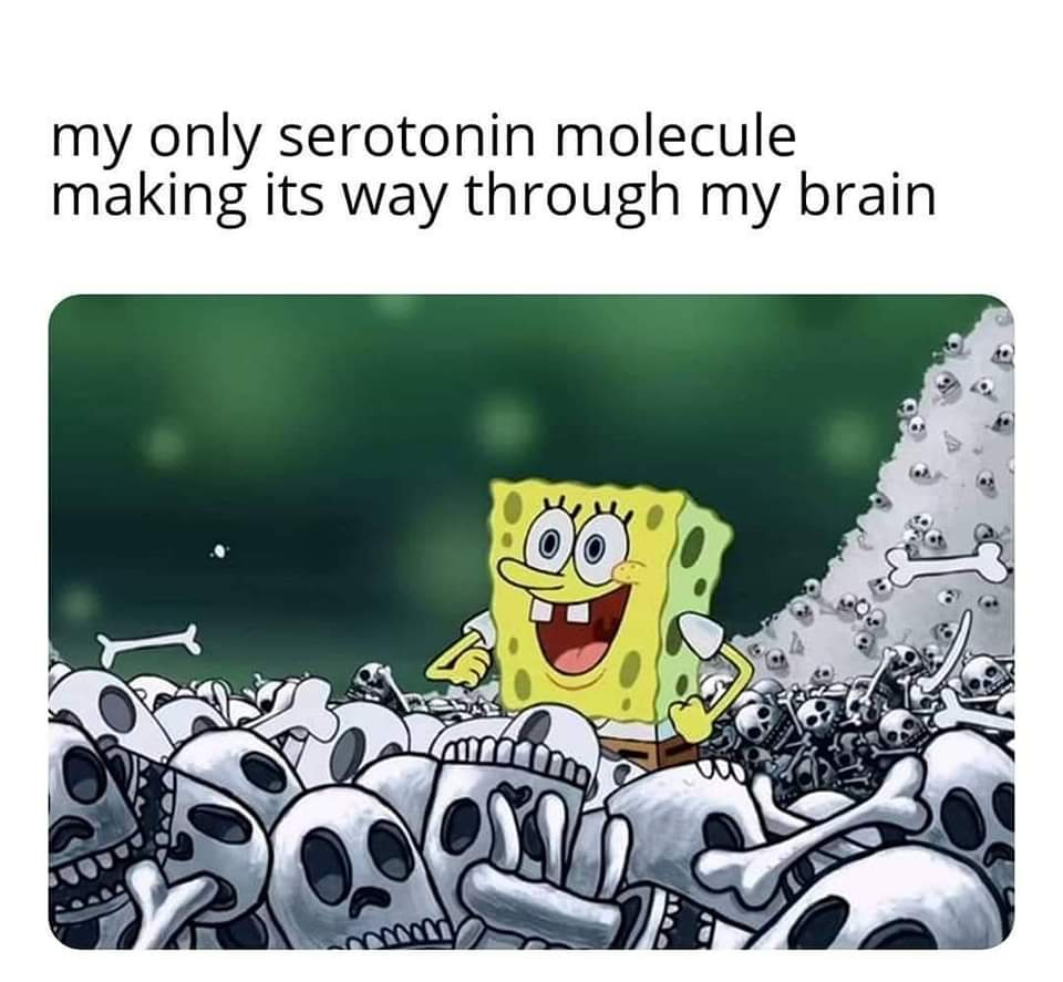 funny memes and pics - stressy and depressy meme - my only serotonin molecule making its way through my brain Oxath