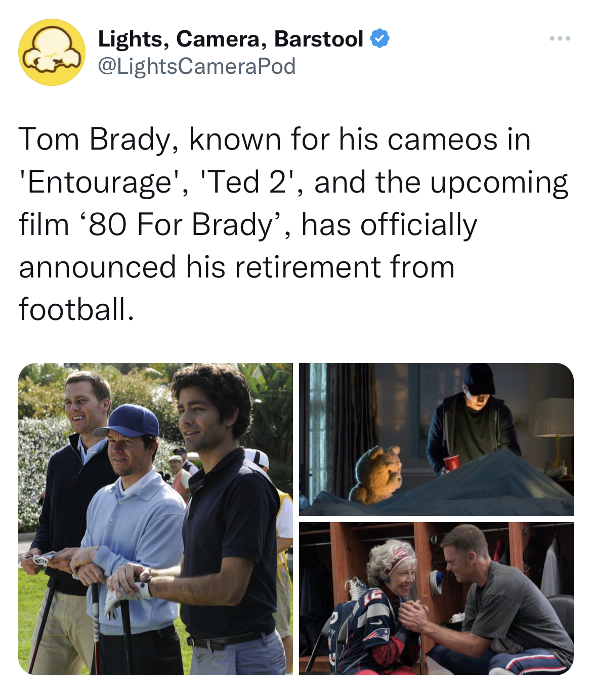 Tom Brady Retirement memes - tom brady entourage - Lights, Camera, Barstool Pod www dy, known for his cameos in 'Entourage', 'Ted 2', and the upcoming film '80 For Brady', has officially announced his retirement from football.