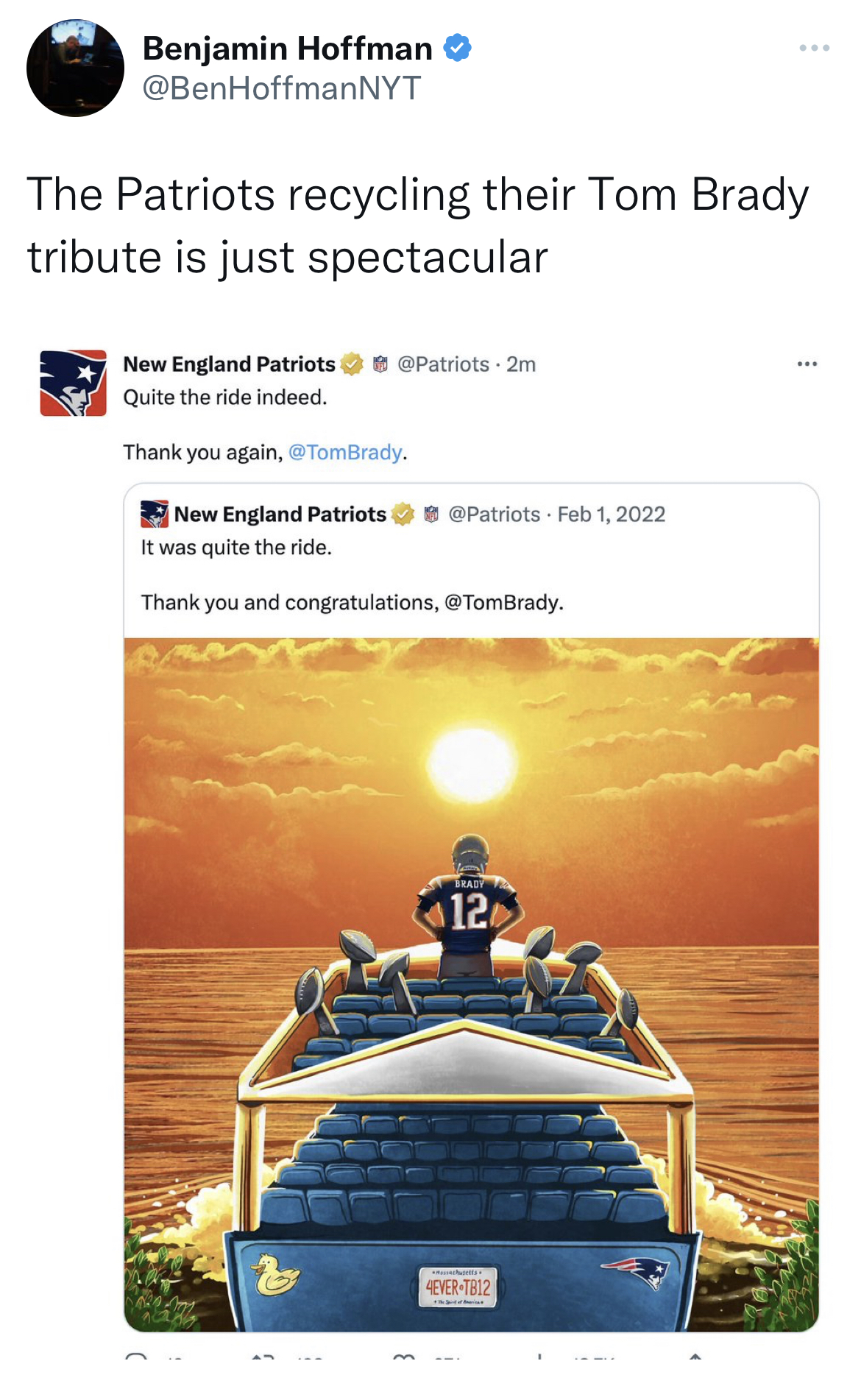 Tom Brady Retirement memes - water resources - Benjamin Hoffman The Patriots recycling their dy tribute is just spectacular New England Patriots @ @ Quite the ride indeed. Thank you again, , New England Patriots 1, 2022 It was quite the ride. Thank you an