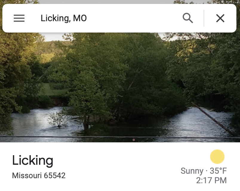 Vulgar Geography - water resources - Licking, Mo Licking Missouri 65542 Q X Sunny 35F