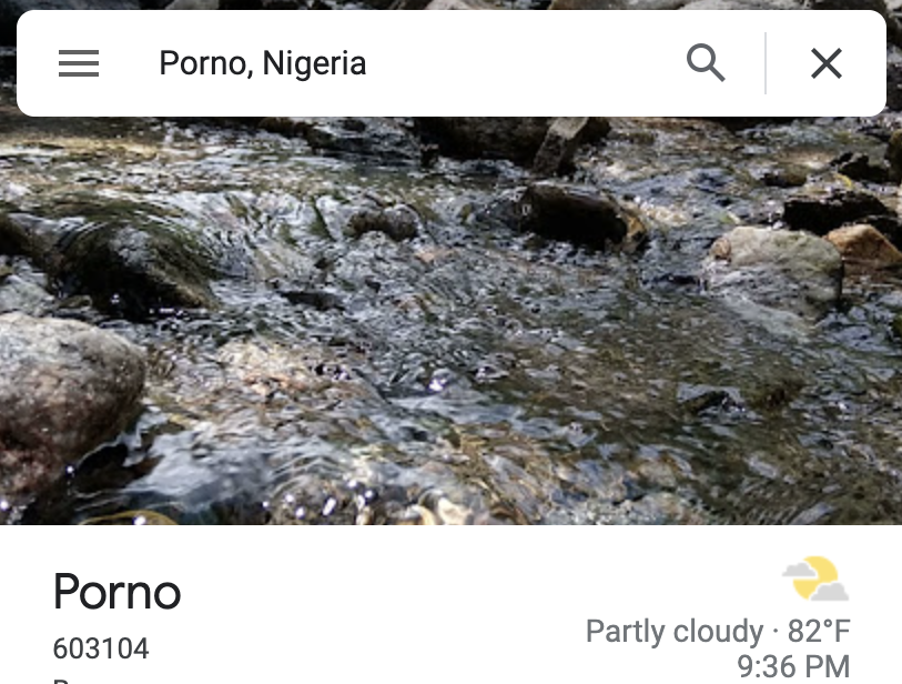 Vulgar Geography - water resources - Porno, Nigeria Porno 603104 ax Partly cloudy. 82F