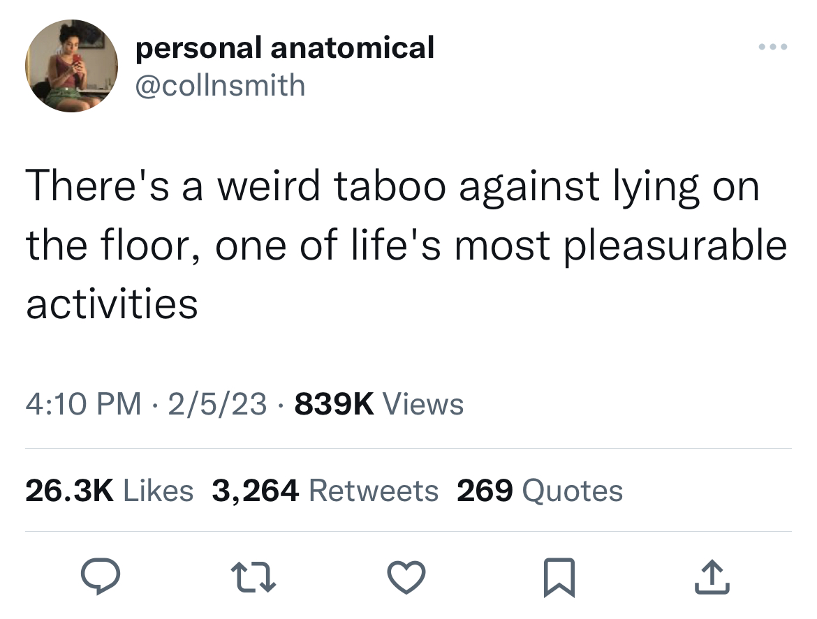 savage and absurd tweets - angle - personal anatomical There's a weird taboo against lying on the floor, one of life's most pleasurable activities 2523 Views 3,264 269 Quotes 22