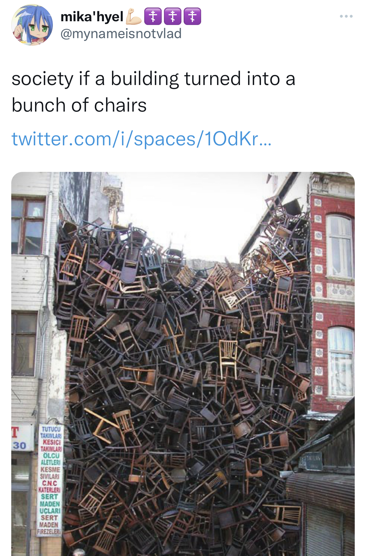 savage and absurd tweets - doris salcedo - society if a building turned into a bunch of chairs twitter.comispaces10dKr... 30 Staflar Olou Alon Kesme Chc Kator mika'hyel # Sert Maden Uclari Sert Waden Freser