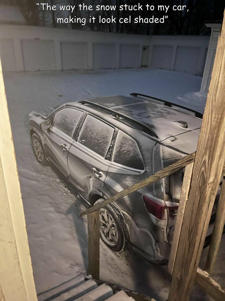 cool random pics - vehicle door - "The way the snow stuck to my car, making it look cel shaded"