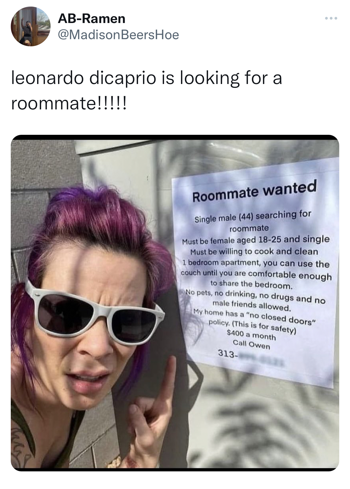 Leonardo DiCaprio Girlfriend Memes - photo caption - AbRamen BeersHoe leonardo dicaprio is looking for a roommate!!!!! Roommate wanted Single male 44 searching for roommate Must be female aged 1825 and single Must be willing to cook and clean 1 bedroom ap