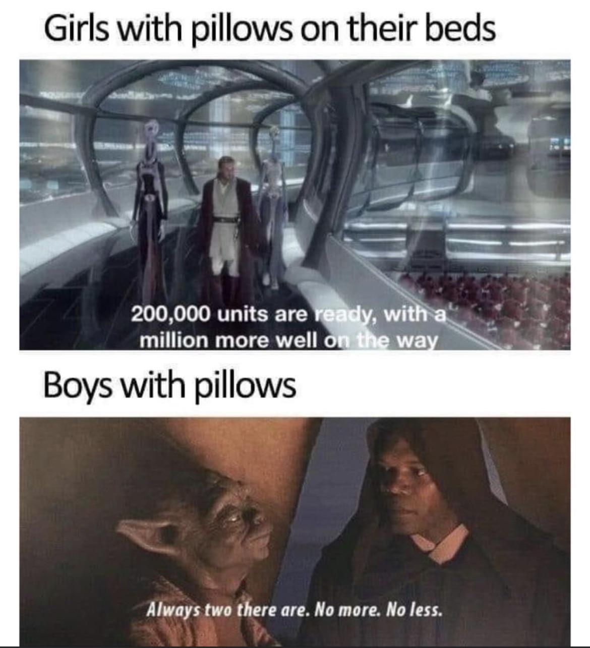 funny memes and pics - photo caption - Girls with pillows on their beds 200,000 units are ready, with a million more well on the way Boys with pillows Always two there are. No more. No less.