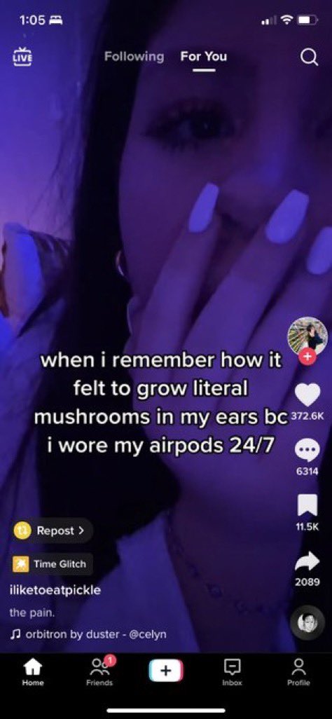 screenshot - d Live L Repost > when i remember how it felt to grow literal mushrooms in my ears bc i wore my airpods 247 Time Glitch ing For You