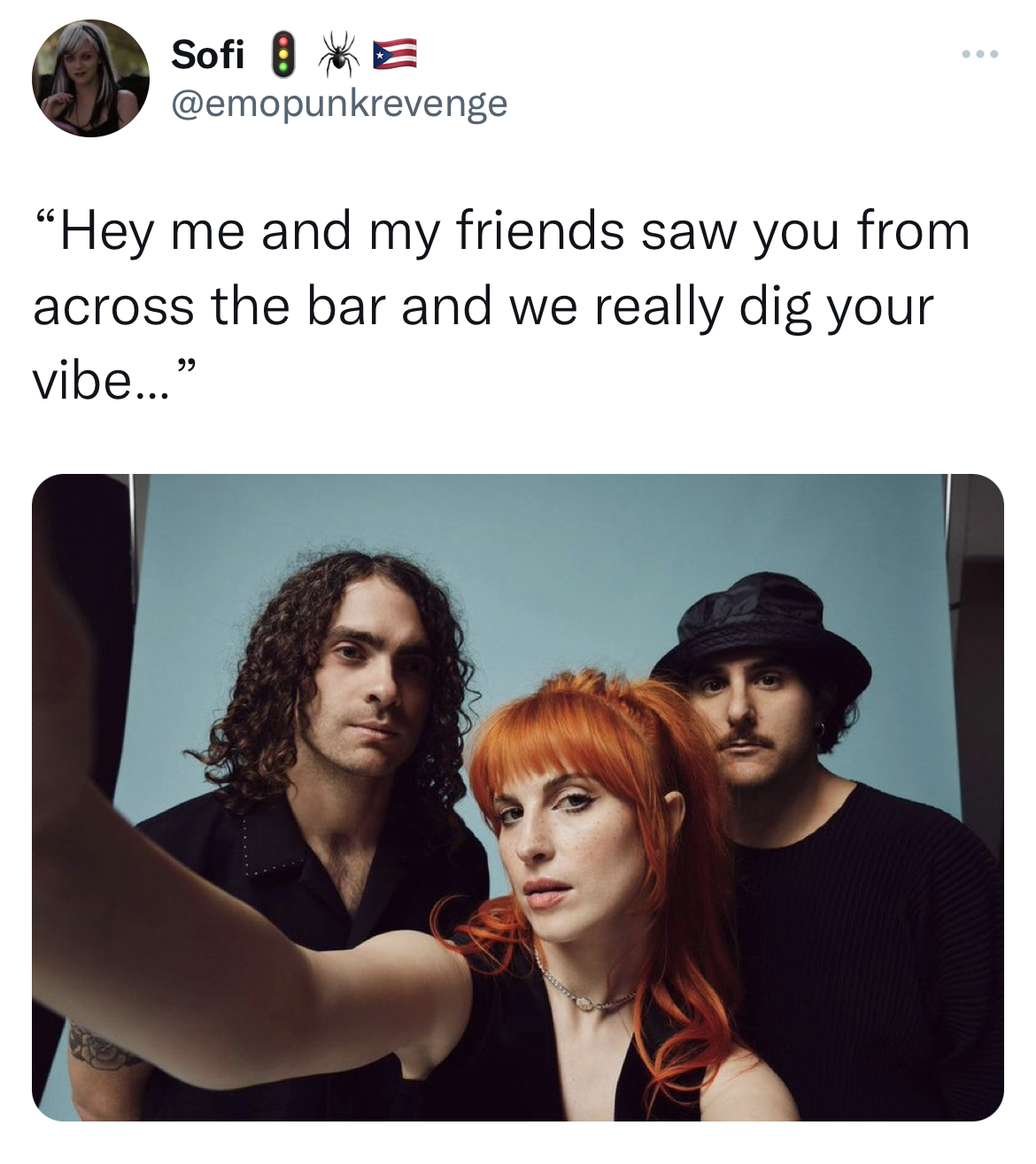 swinger memes across the bar - Paramore - Sofi E "Hey me and my friend saw you from across the bar and we really dig your vibe..."
