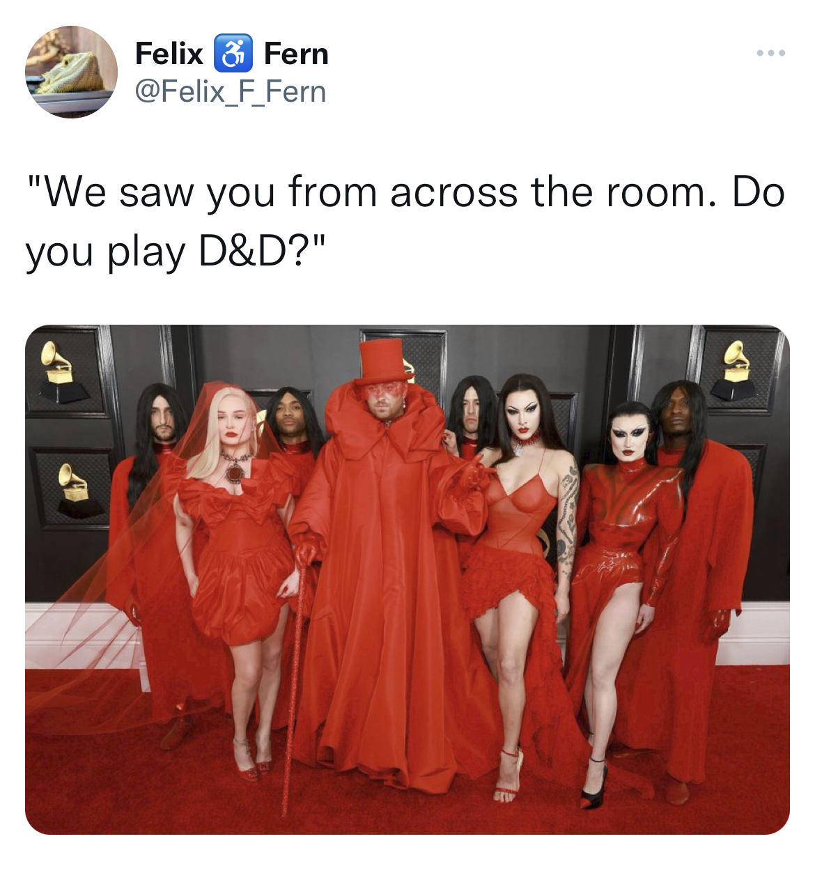 swinger memes across the bar - 65th Annual Grammy Award - Felix & Fern "We saw you from across the room. Do you play D&D?"