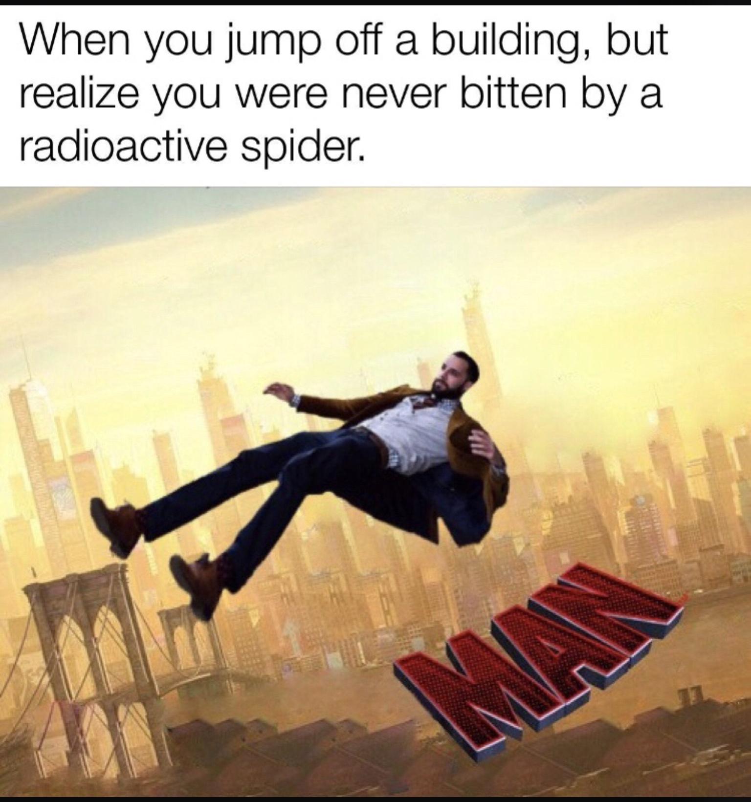 funny memes pics and tweets - willis tower - When you jump off a building, but realize you were never bitten by a radioactive spider. Man