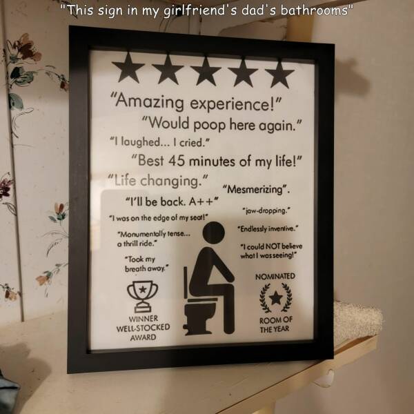 cool random pics - picture frame - "This sign in my girlfriend's dad's bathrooms" "Amazing experience!" "Would poop here again." "I laughed... I cried." "Best 45 minutes of my life!" "Life changing." "I'll be back. A" "I was on the edge of my seat!" "Monu