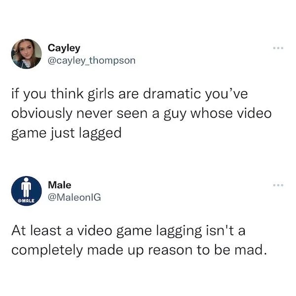 relatable memes - angle - Cayley 1 Male if you think girls are dramatic you've obviously never seen a guy whose video game just lagged Male At least a video game lagging isn't a completely made up reason to be mad. ...