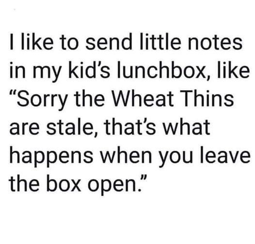 funny memes and pics - I to send little notes in my kid's lunchbox, "Sorry the Wheat Thins are stale, that's what happens when you leave the box open."