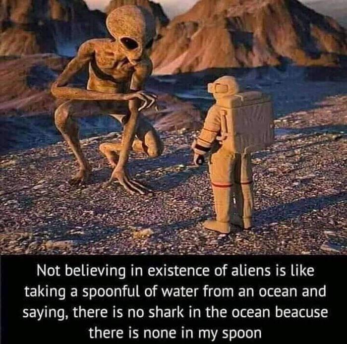 funny memes and pics - Extraterrestrial life - Not believing in existence of aliens is taking a spoonful of water from an ocean and saying, there is no shark in the ocean beacuse there is none in my spoon