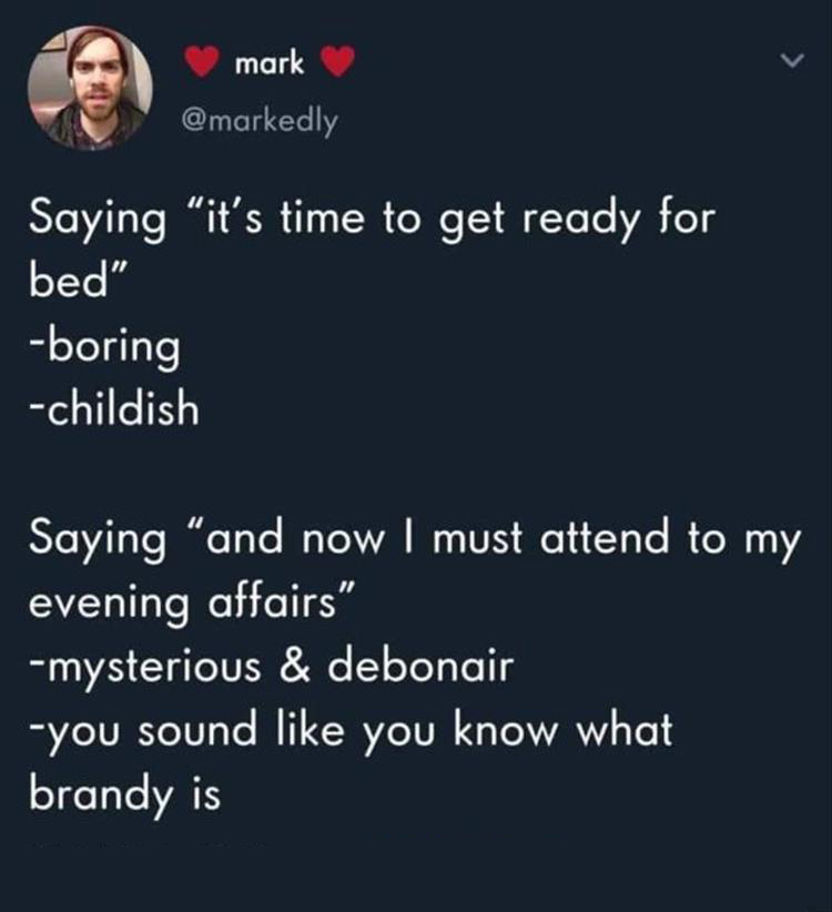 evening affairs meme - mark Saying "it's time to get ready for bed" boring childish Saying "and now I must attend to my evening affairs" mysterious & debonair you sound you know what brandy is