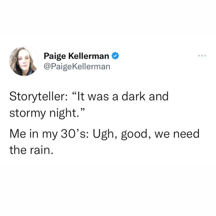 relatable memes about life - Paige Kellerman Storyteller "It was a dark and stormy night." Me in my 30's Ugh, good, we need the rain.