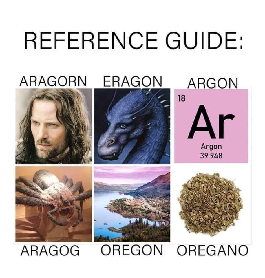 aragorn eragon meme - Reference Guide Aragorn Eragon 18 Argon Ar Argon 39.948 Aragog Oregon Oregano