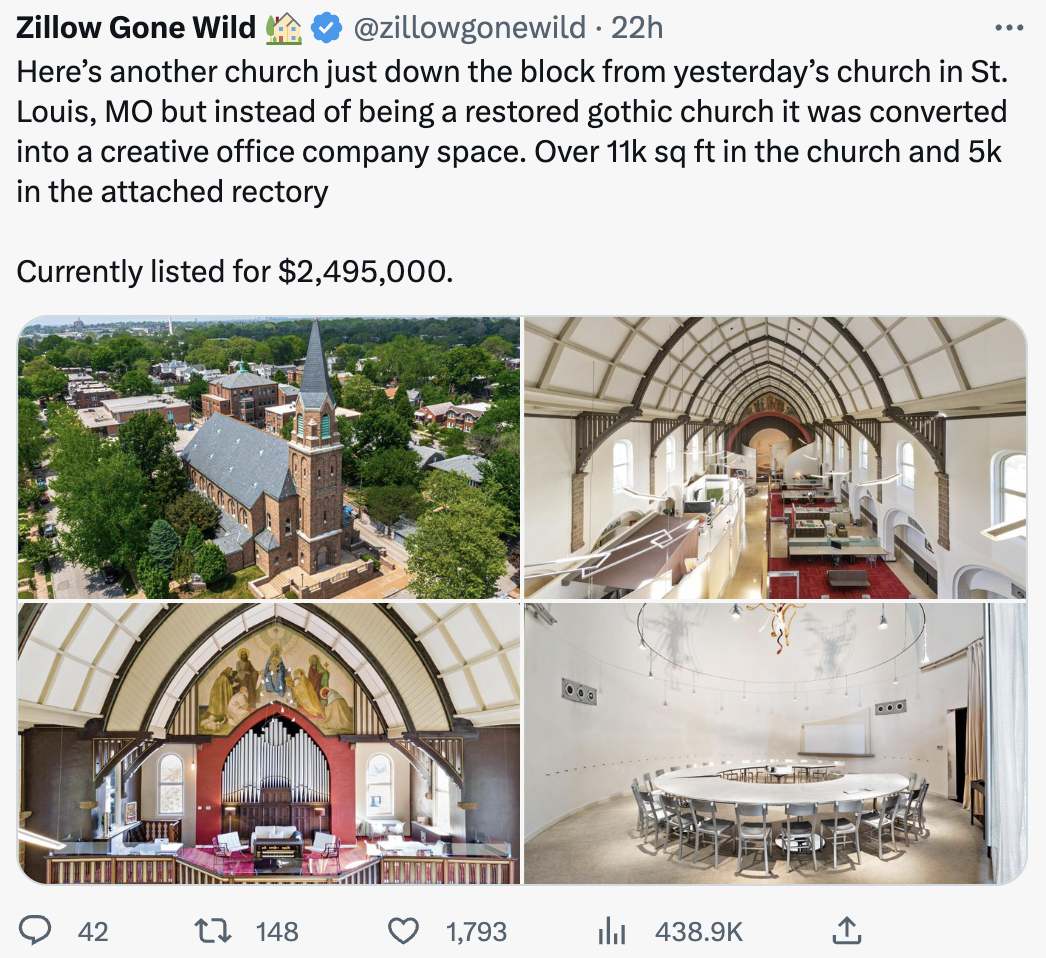 cursed zillow photo - real estate - Zillow Gone Wild . 22h Here's another church just down the block from yesterday's church in St. Louis, Mo but instead of being a restored gothic church it was converted into a creative office company space. Over 11k sq 