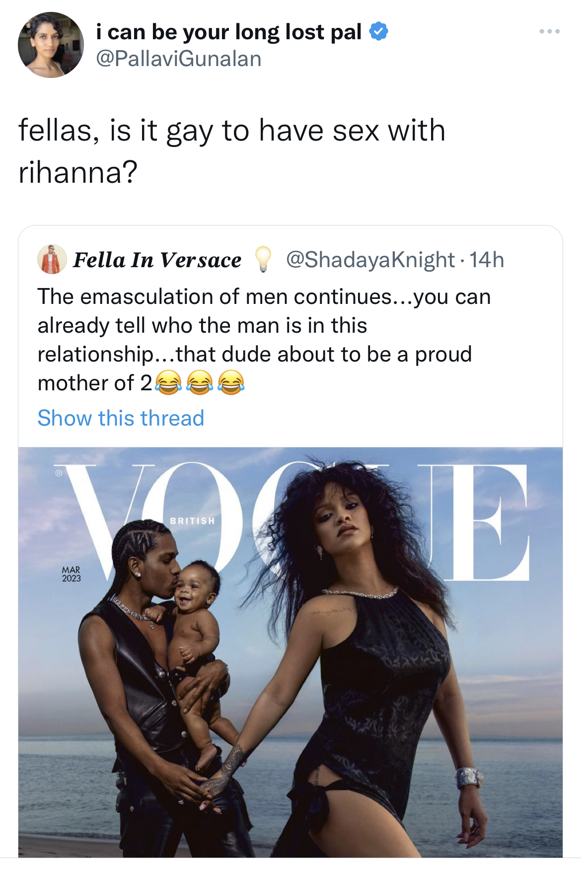 deranged tweets - Rihanna - i can be your long lost pal fellas, is it gay to have sex with rihanna? Fella In Versace The emasculation of men continues...you can already tell who the man is in this relationship...that dude about to be a proud mother of 2 S