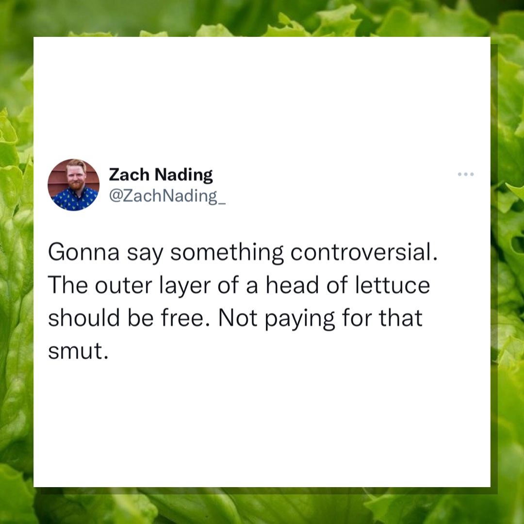 deranged tweets - grass - Zach Nading Gonna say something controversial. The outer layer of a head of lettuce should be free. Not paying for that smut. ...
