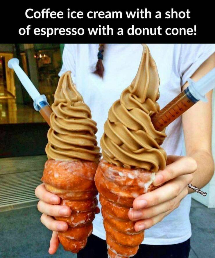 cool random pics -  coffee ice cream in a donut cone - Coffee ice cream with a shot of espresso with a donut cone! 46118