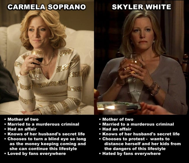 carmela soprano vs skyler white - Carmela Soprano Mother of two Married to a murderous criminal Had an affair Knows of her husband's secret life Chooses to turn a blind eye so long as the money keeping coming and she can continue this lifestyle Loved by f