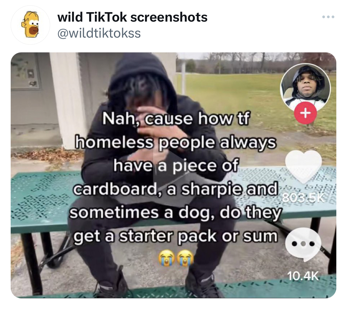 Unhinged Tweets - photo caption - wild TikTok screenshots Nah, cause how tf homeless people always have a piece of cardboard, a sharpie and sometimes a dog, do they get a starter pack or sum tigh