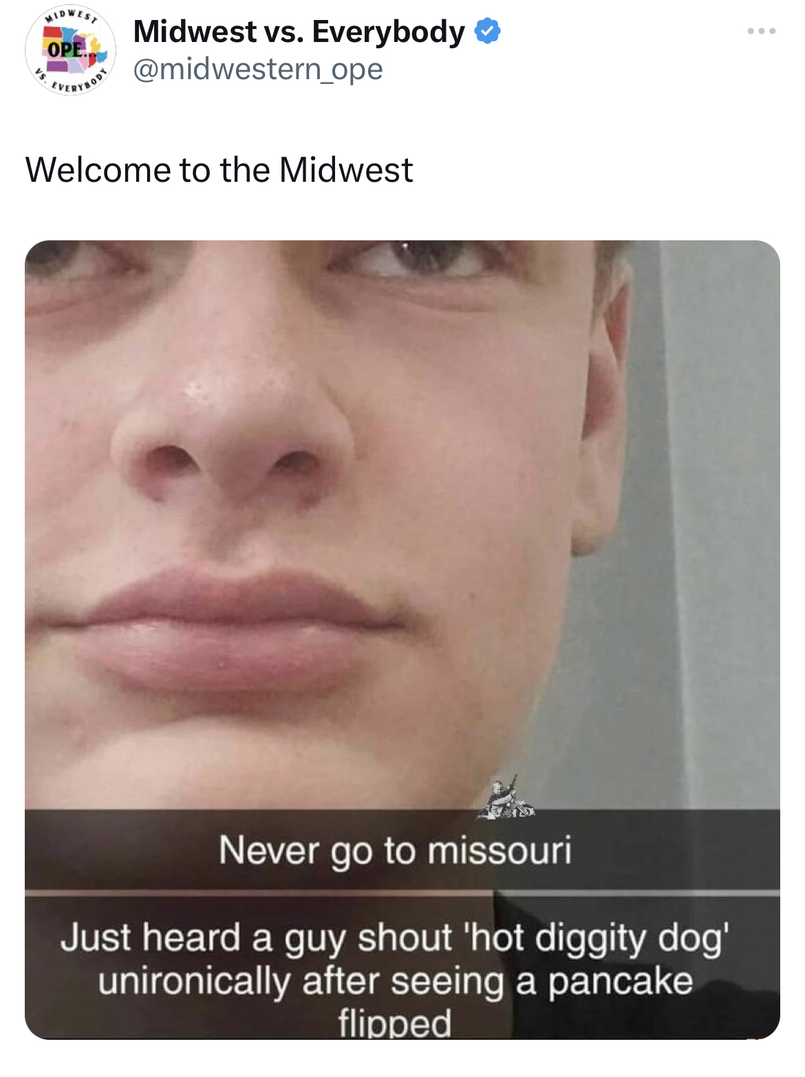 Unhinged Tweets - lip - Ope www Midwest vs. Everybody Welcome to the Midwest Never go to missouri Just heard a guy shout 'hot diggity dog' unironically after seeing a pancake flipped