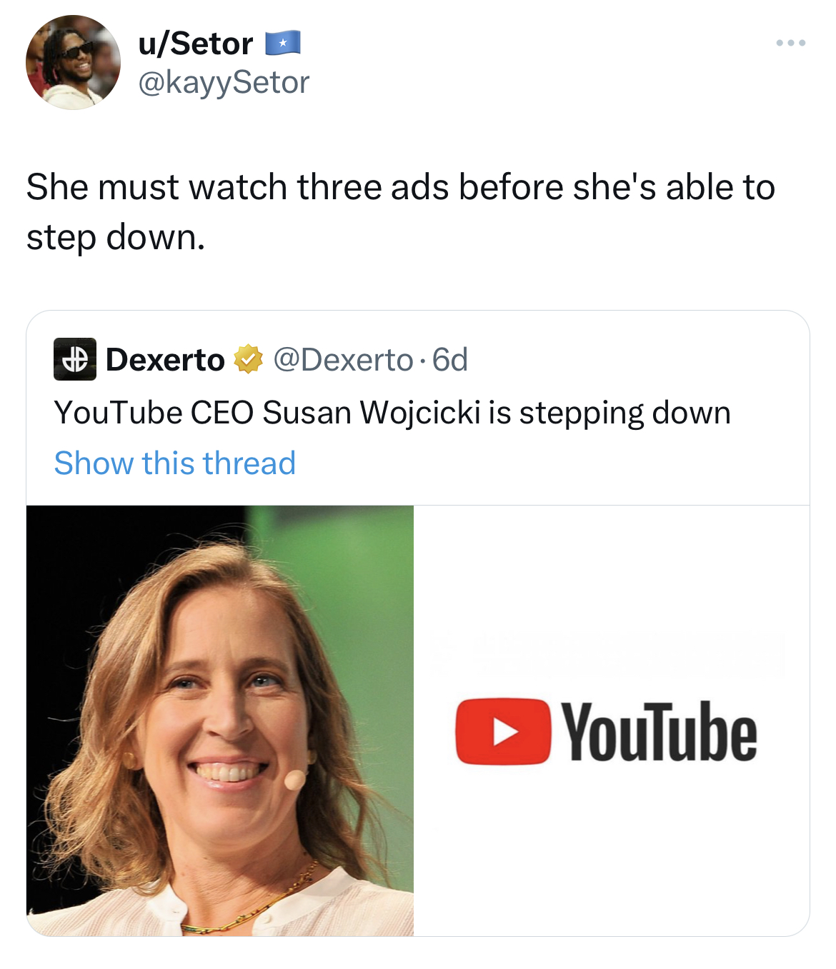 Tweets dunking on celebs - youtube play - uSetor She must watch three ads before she's able to step down. Dexerto YouTube Ceo Susan Wojcicki is stepping down Show this thread YouTube