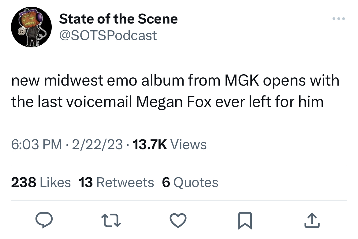 Tweets dunking on celebs - mirador torre latino - 2 State of the Scene new midwest emo album from Mgk opens with the last voicemail Megan Fox ever left for him 22223 Views 238 13 6 Quotes 27
