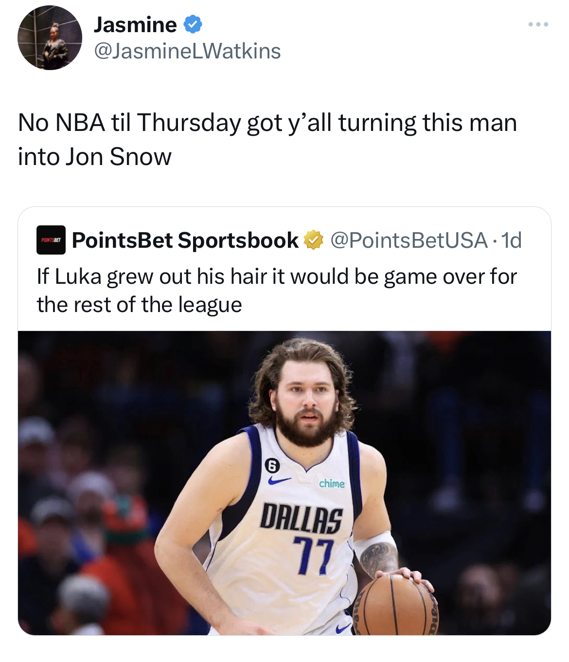 Tweets dunking on celebs - photo caption - Jasmine No Nba til Thursday got y'all turning this man into Jon Snow PointsBet Sportsbook BetUSA. 1d If Luka grew out his hair it would be game over for the rest of the league 6 Dallas 77 www