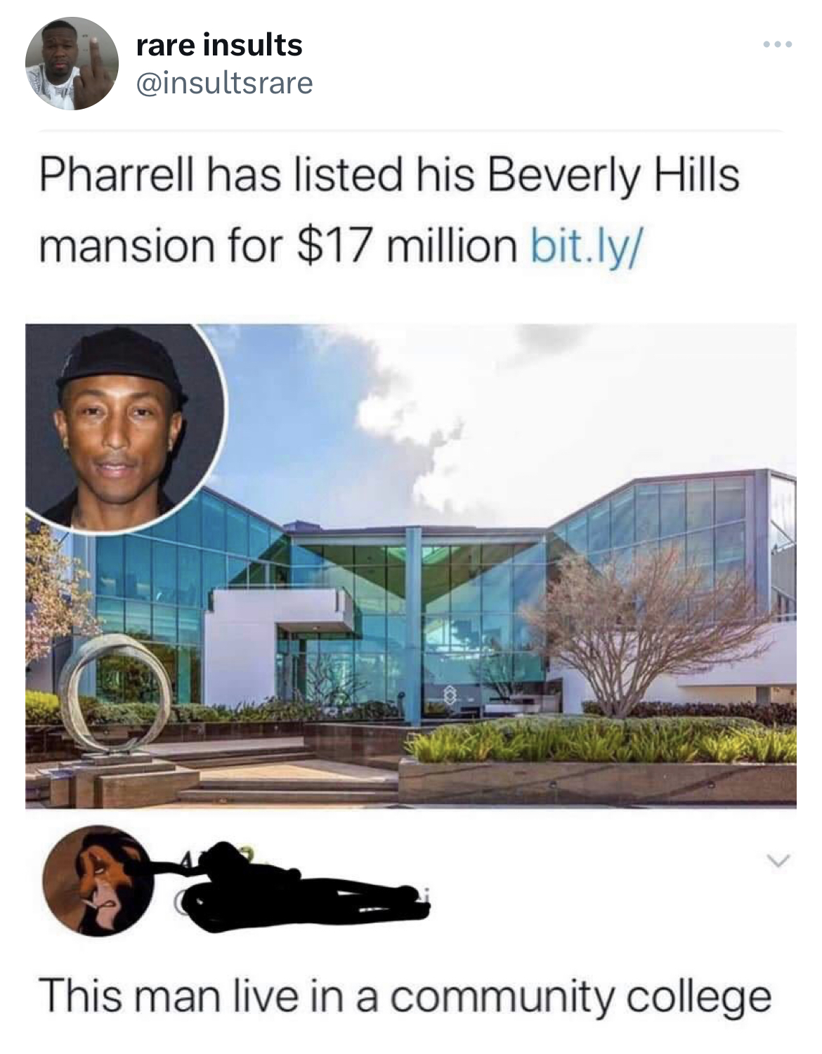 Tweets dunking on celebs - rare insults - rare insults Pharrell has listed his Beverly Hills mansion for $17 million bit.ly This man live in a community college