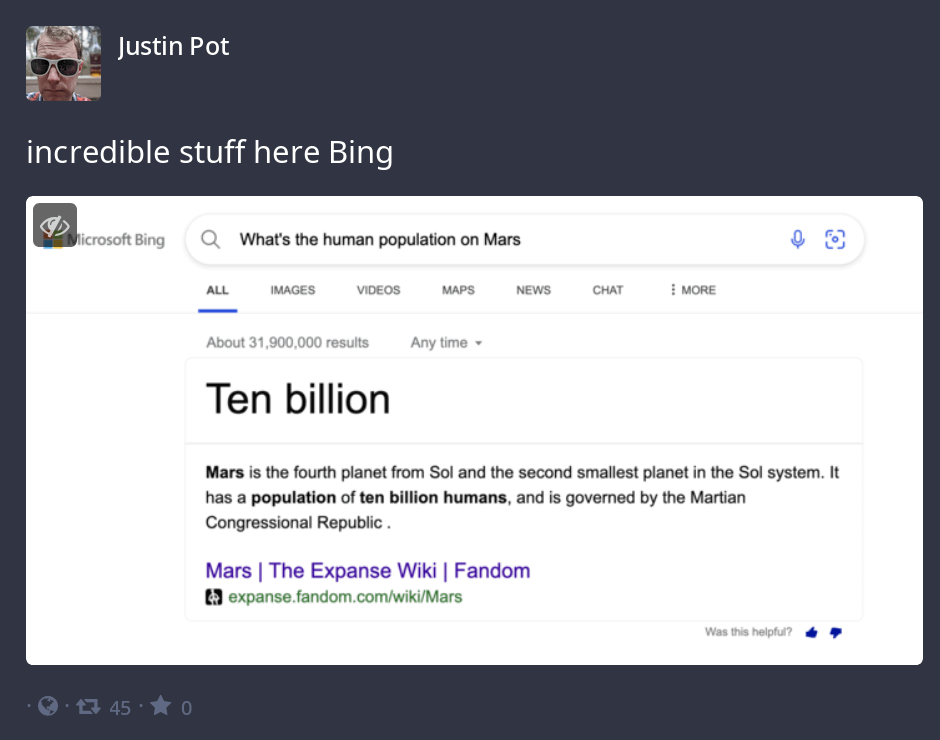 funny tweets memes and pics - screenshot - Justin Pot incredible stuff here Bing Microsoft Bing 145. Q What's the human population on Mars All Images Videos Maps About 31,900,000 results Any time Ten billion News Chat Mars | The Expanse Wiki | Fandom expa