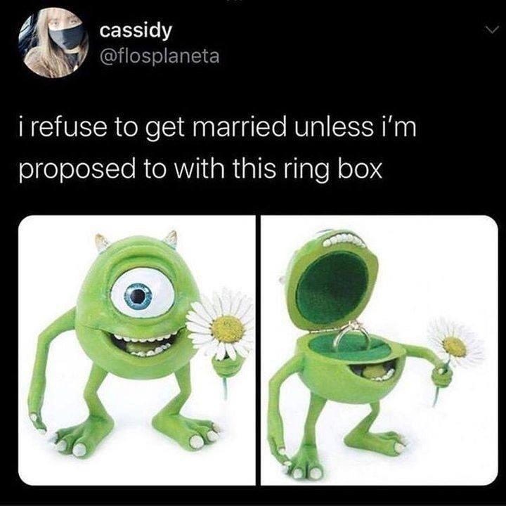 funny tweets memes and pics - mike wazowski ring box meme - cassidy i refuse to get married unless i'm proposed to with this ring box
