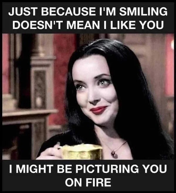 relatable memes and pics - morticia addams meme - Just Because I'M Smiling Doesn'T Mean I You I Might Be Picturing You On Fire
