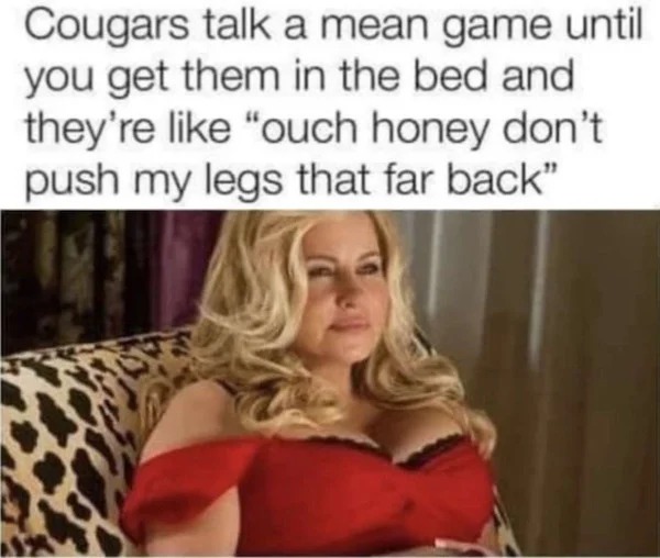 spicy memes and pics - jennifer coolidge bra size - Cougars talk a mean game until you get them in the bed and they're "ouch honey don't push my legs that far back"